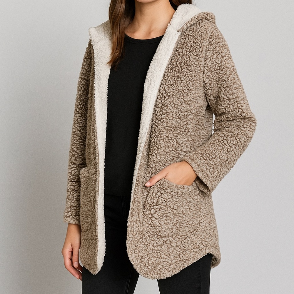 C&C California Cozy Reversible Sherpa Hoodie Teddy Jacket Beige Cream size M